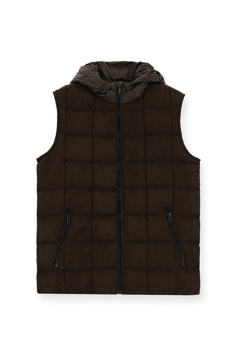 Orta Kahve Slim Fit Dar Kesim Kapüşonlu Spor Yelek