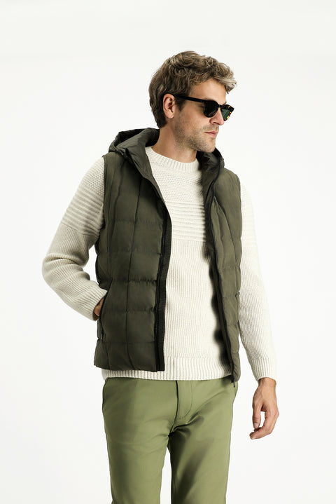 Orta Haki Slim Fit Dar Kesim Kapüşonlu Spor Yelek