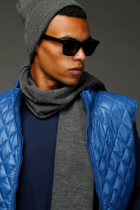 Mavi Dik Yaka Cepli Fermuarlı Kapitone Spor Yelek