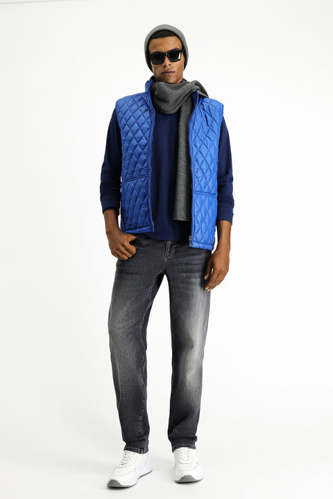 Mavi Dik Yaka Cepli Fermuarlı Kapitone Spor Yelek