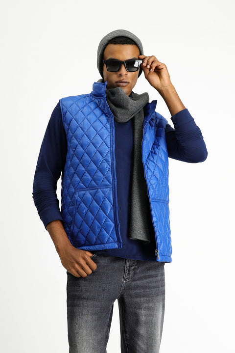 Mavi Dik Yaka Cepli Fermuarlı Kapitone Spor Yelek