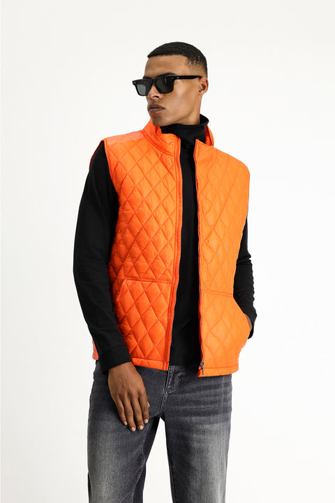 Orta Turuncu Dik Yaka Cepli Fermuarlı Kapitone Spor Yelek