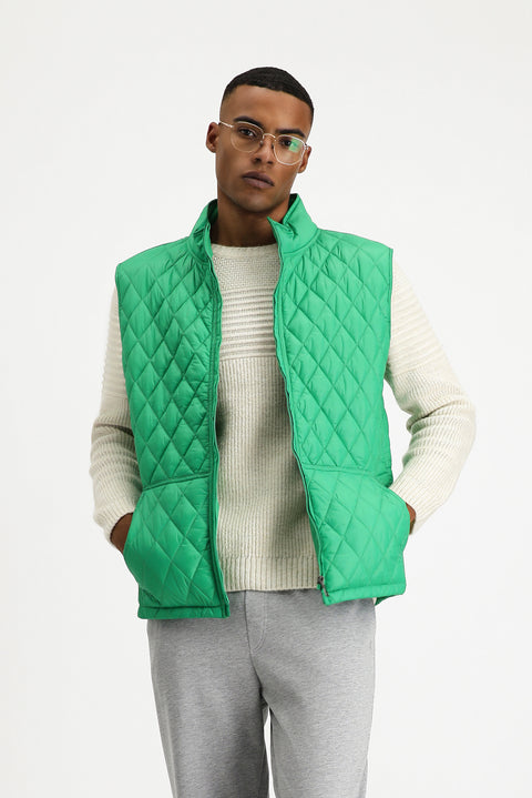 Koyu Yeşil Dik Yaka Cepli Fermuarlı Kapitone Spor Yelek