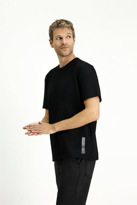 Siyah Bisiklet Yaka Oversize Likralı Baskılı Tişört