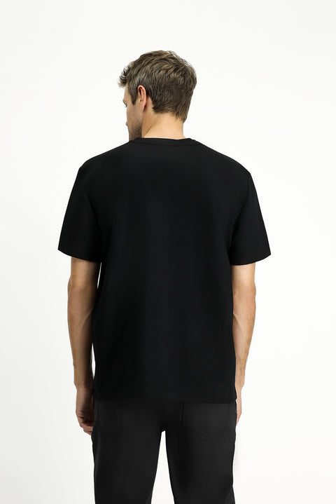 Siyah Bisiklet Yaka Oversize Likralı Baskılı Tişört