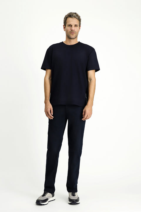 Koyu Lacivert Bisiklet Yaka Oversize Likralı Baskılı Tişört