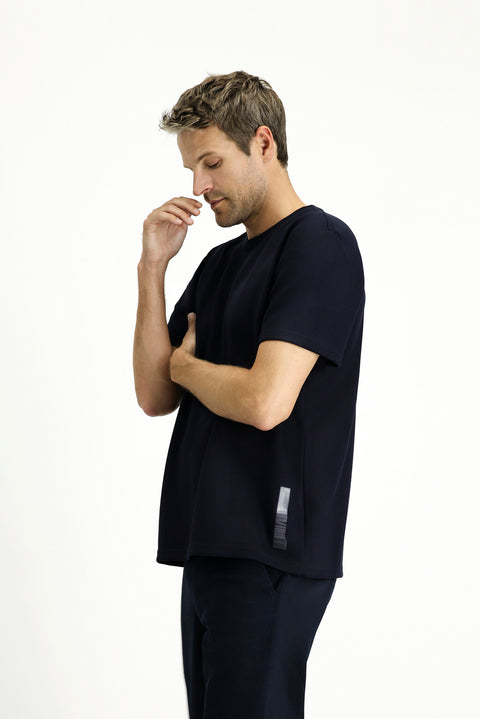 Koyu Lacivert Bisiklet Yaka Oversize Likralı Baskılı Tişört