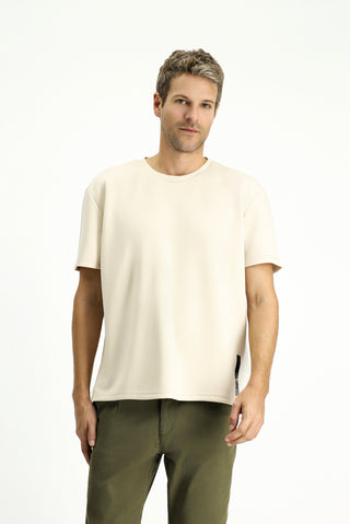  Orta Bej Bisiklet Yaka Oversize Likralı Baskılı Tişört