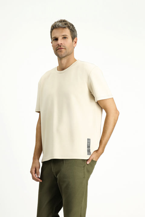 Orta Bej Bisiklet Yaka Oversize Likralı Baskılı Tişört