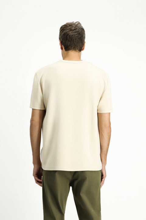 Orta Bej Bisiklet Yaka Oversize Likralı Baskılı Tişört