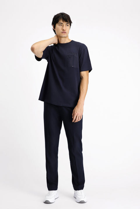 Koyu Lacivert Bisiklet Yaka Oversize Pamuk Tişört