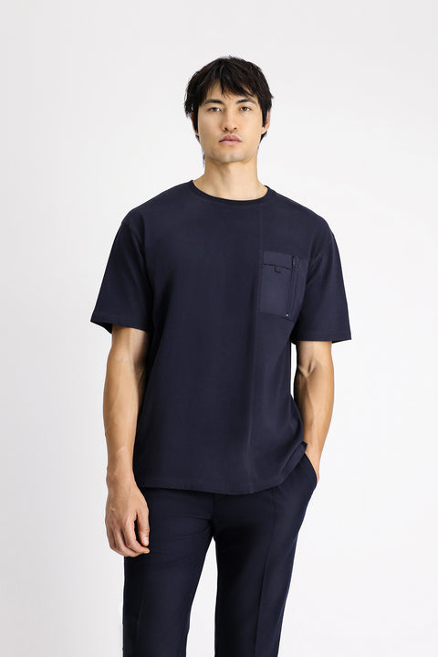 Koyu Lacivert Bisiklet Yaka Oversize Pamuk Tişört