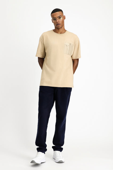 Orta Bej Bisiklet Yaka Oversize Pamuk Tişört