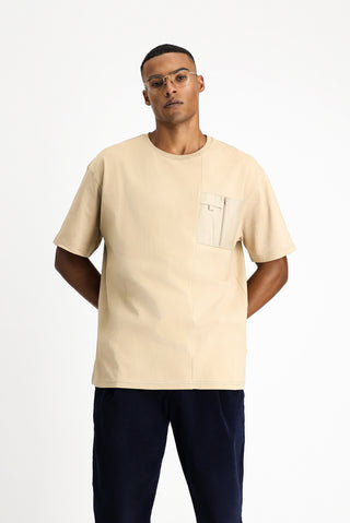  Orta Bej Bisiklet Yaka Oversize Pamuk Ti?ört-Ki??l?