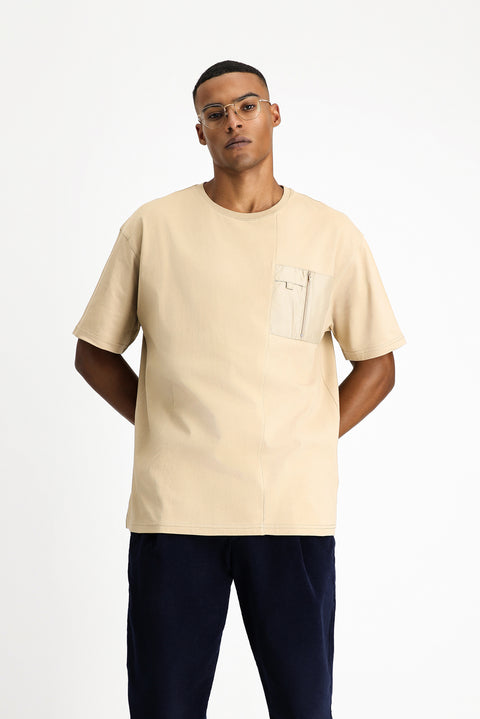 Orta Bej Bisiklet Yaka Oversize Pamuk Tişört