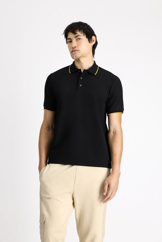  Siyah Regular Fit Desenli Likralı Polo Yaka Tişört