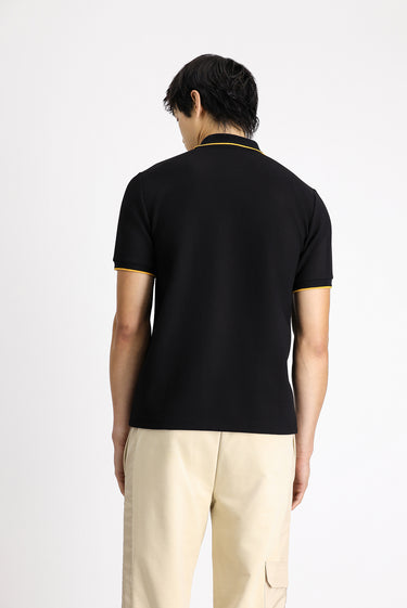 Siyah Regular Fit Desenli Likralı Polo Yaka Tişört