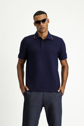  Koyu Lacivert Regular Fit Desenli Likralı Polo Yaka Tişört