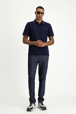  Koyu Lacivert Regular Fit Desenli Likralı Polo Yaka Tişört