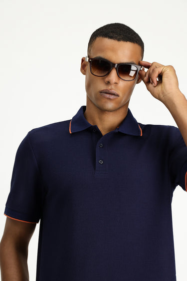  Koyu Lacivert Regular Fit Desenli Likralı Polo Yaka Tişört