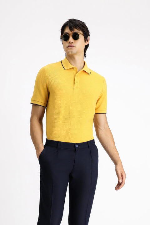 Koyu Sarı Regular Fit Desenli Likralı Polo Yaka Tişört