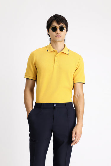  Koyu Sarı Regular Fit Desenli Likralı Polo Yaka Tişört