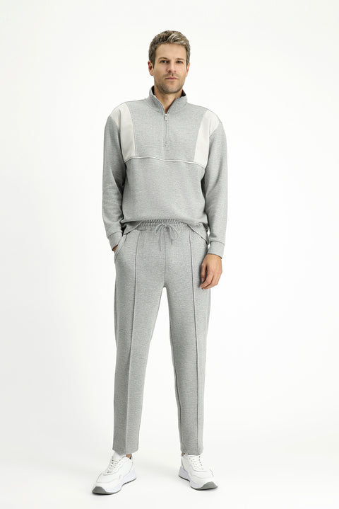 Orta Gri Melanj 6 Drop Regular Fit Standart Kesim Desenli Pamuklu Likralı Esnek Cepli Sweatpant / Eşofman Altı