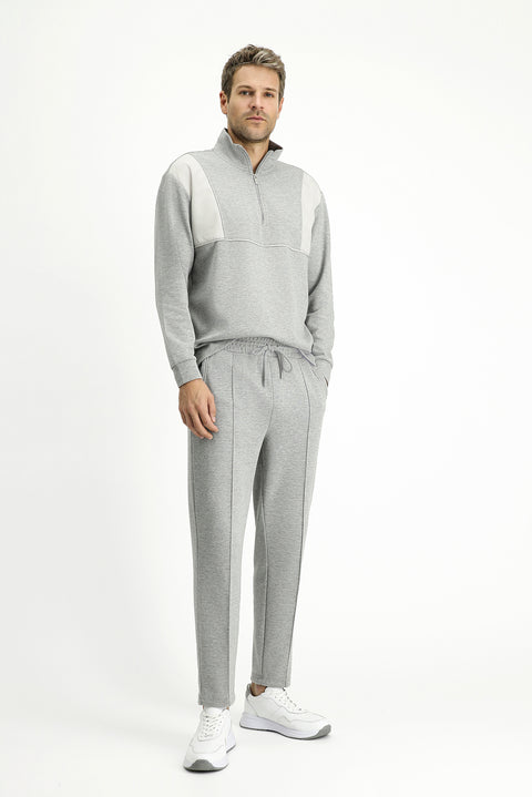 Orta Gri Melanj 6 Drop Regular Fit Standart Kesim Desenli Pamuklu Likralı Esnek Cepli Sweatpant / Eşofman Altı