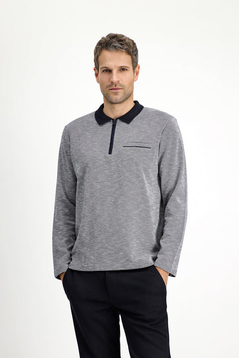 Açık Lacivert Polo Yaka Regular Fit Desenli Fermuarlı Pamuklu Sweatshirt