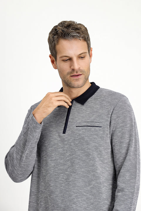Açık Lacivert Polo Yaka Regular Fit Desenli Fermuarlı Pamuklu Sweatshirt