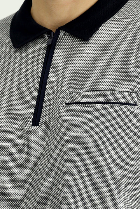 Açık Lacivert Polo Yaka Regular Fit Desenli Fermuarlı Pamuklu Sweatshirt