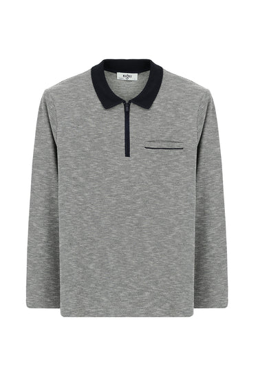 Açık Lacivert Polo Yaka Regular Fit Desenli Fermuarlı Pamuklu Sweatshirt