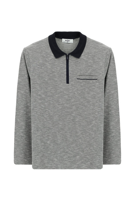 Açık Lacivert Polo Yaka Regular Fit Desenli Fermuarlı Pamuklu Sweatshirt