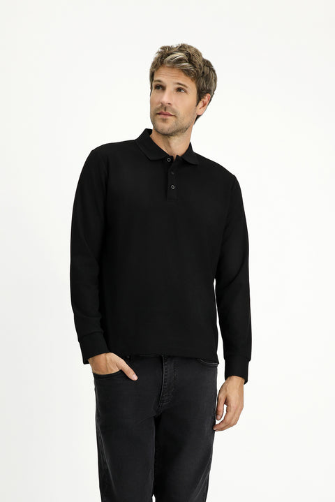 Siyah Polo Yaka Regular Fit Desenli Sweatshirt