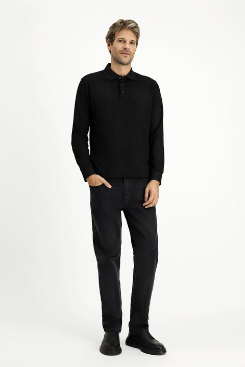 Siyah Polo Yaka Regular Fit Desenli Sweatshirt