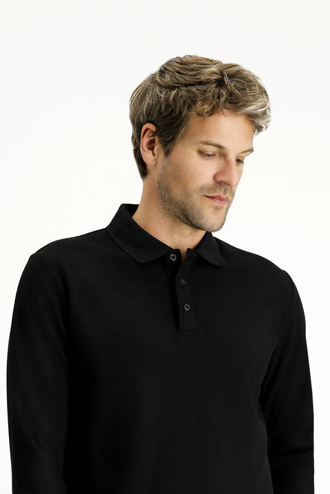 Siyah Polo Yaka Regular Fit Desenli Sweatshirt