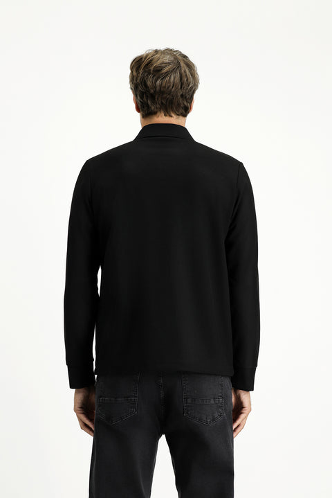 Siyah Polo Yaka Regular Fit Desenli Sweatshirt