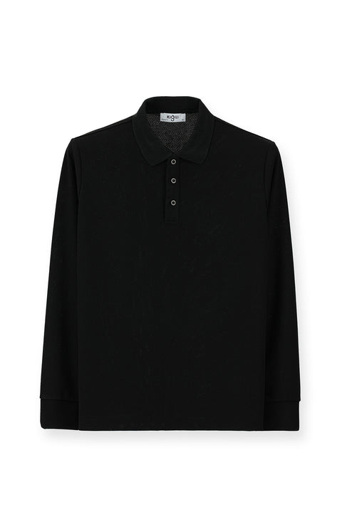 Siyah Polo Yaka Regular Fit Desenli Sweatshirt