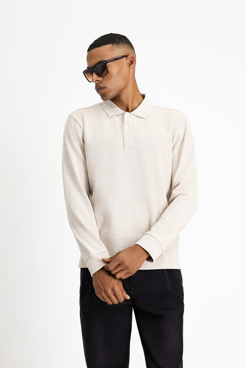 Açık Bej Polo Yaka Regular Fit Desenli Sweatshirt