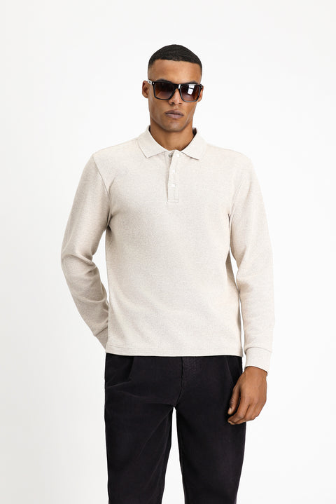 Açık Bej Polo Yaka Regular Fit Desenli Sweatshirt