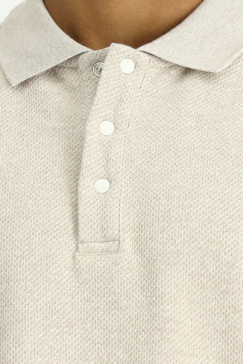 Açık Bej Polo Yaka Regular Fit Desenli Sweatshirt