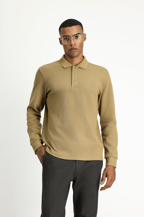 Koyu Bej Polo Yaka Regular Fit Desenli Sweatshirt