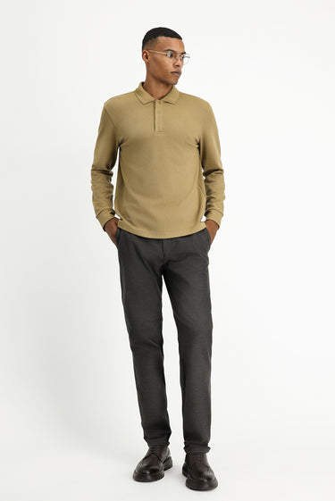  Koyu Bej Polo Yaka Regular Fit Desenli Sweatshirt