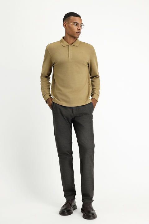 Koyu Bej Polo Yaka Regular Fit Desenli Sweatshirt