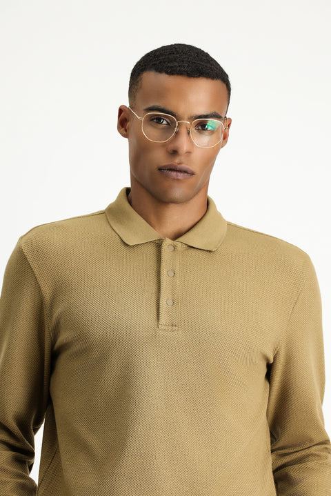 Koyu Bej Polo Yaka Regular Fit Desenli Sweatshirt