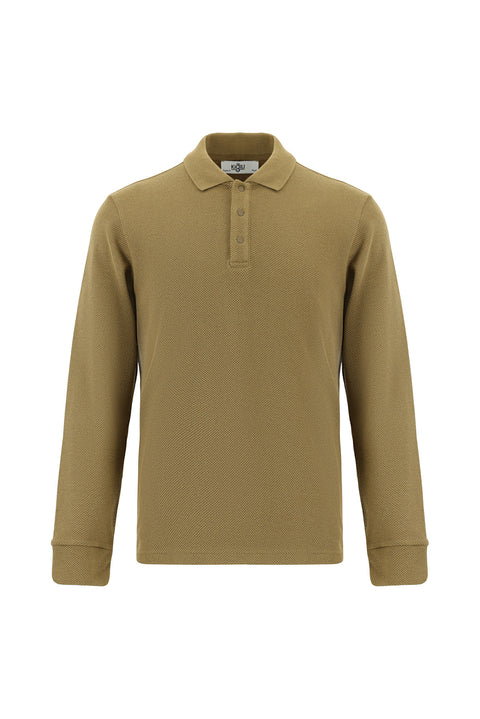 Koyu Bej Polo Yaka Regular Fit Desenli Sweatshirt