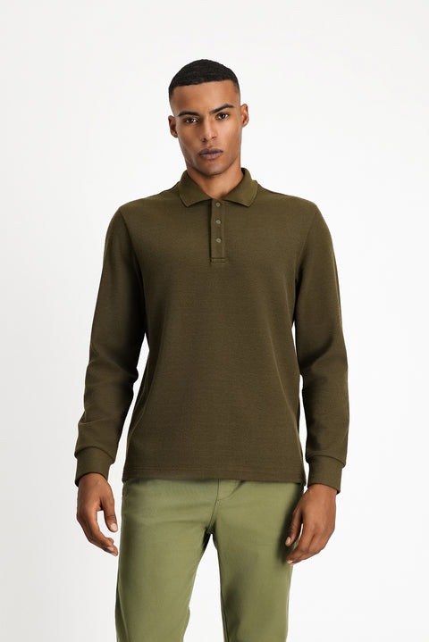 Soldier Khaki Melange Polo Neck Regular Fit Patterned Sweatshirt