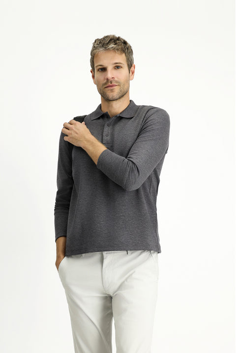 Koyu Antrasit Melanj Polo Yaka Regular Fit Desenli Sweatshirt