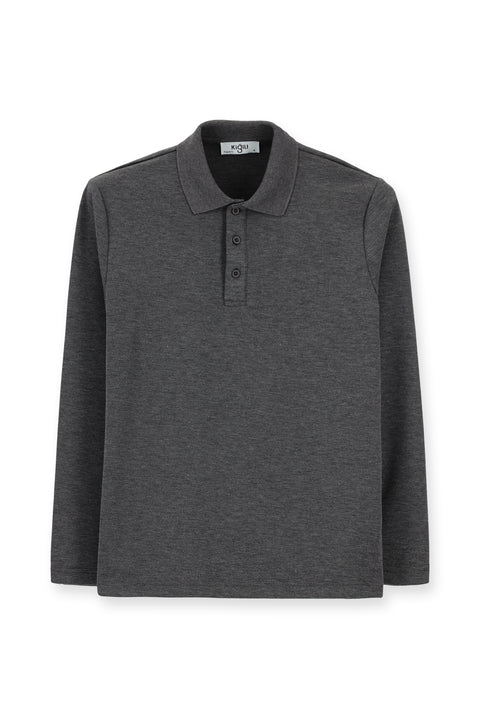 Koyu Antrasit Melanj Polo Yaka Regular Fit Desenli Sweatshirt