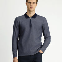 Açık Lacivert Polo Yaka Regular Fit Desenli Fermuarlı Pamuklu Sweatshirt